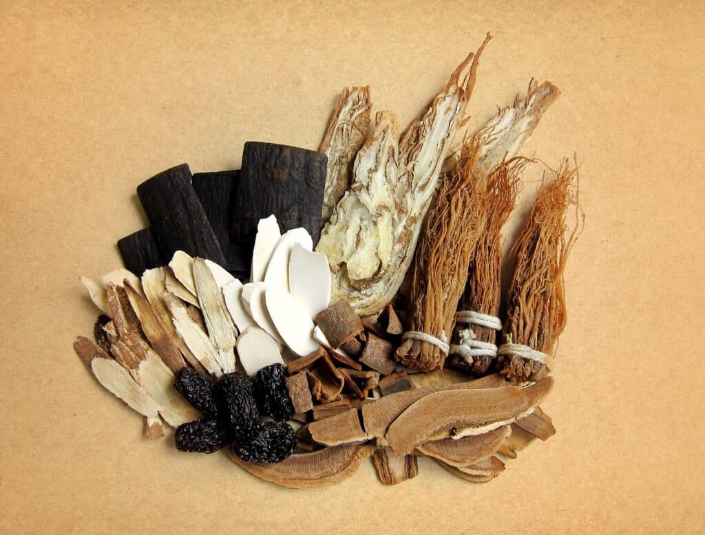 各種中藥治療草藥和香料排列在棕色背景上。
