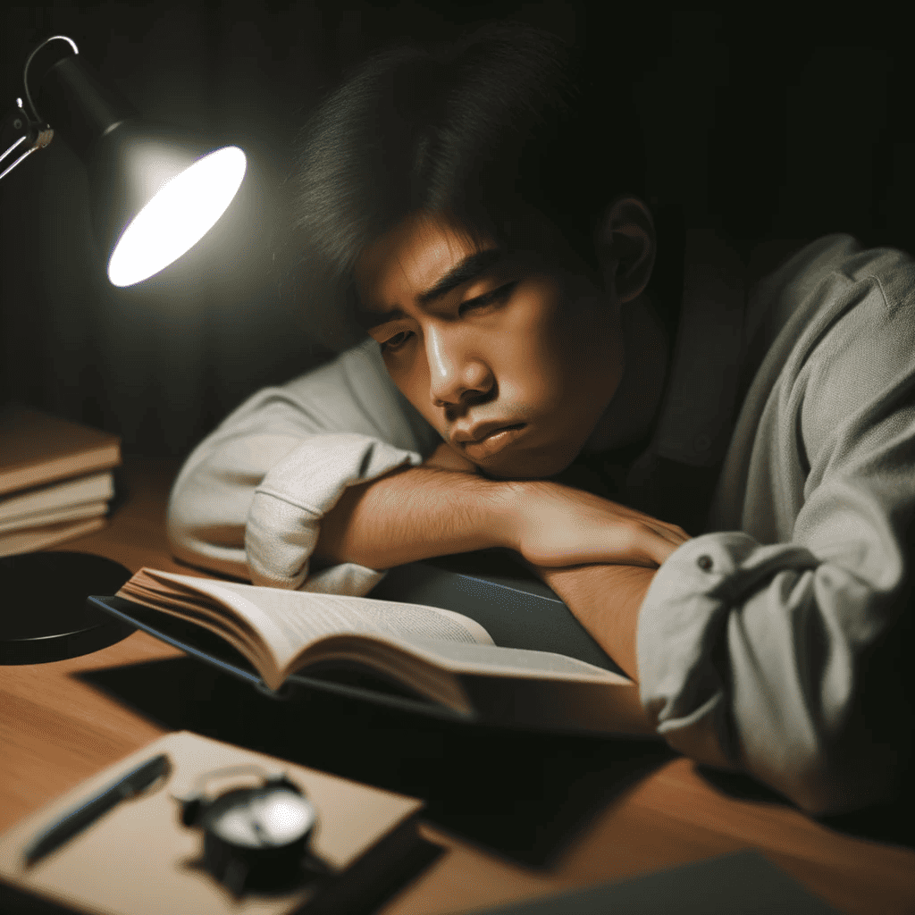 一個患有嗜睡症的男人睡在桌子上，手裡拿著一本書和一盞燈。